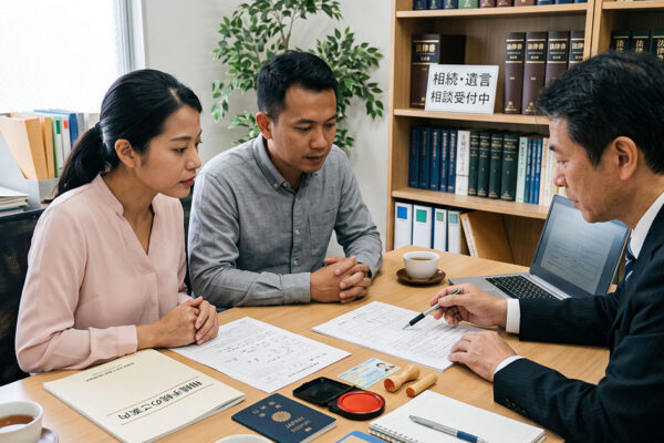 外国人が相続の相談を行政書士にしている様子