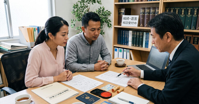 外国人が相続の相談を行政書士にしている様子